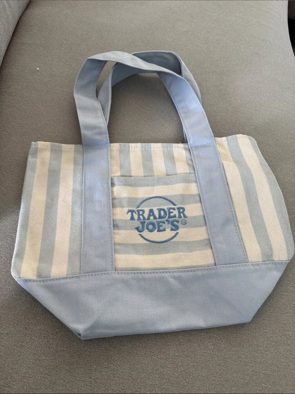Trader Joe's mini Light Blue and Cream Stripe Canvas Tote - Picture 1 of 1